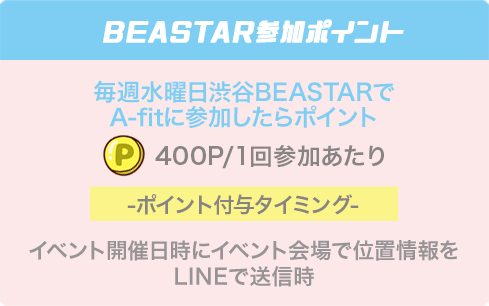 BEASTAR参加ポイント 毎週水曜日渋谷BEASTARでA-fitに参加したらポイント 400P/1回参加あたり ポイント付与タイミング イベント開催日時にイベント会場で位置情報をLINEで送信時